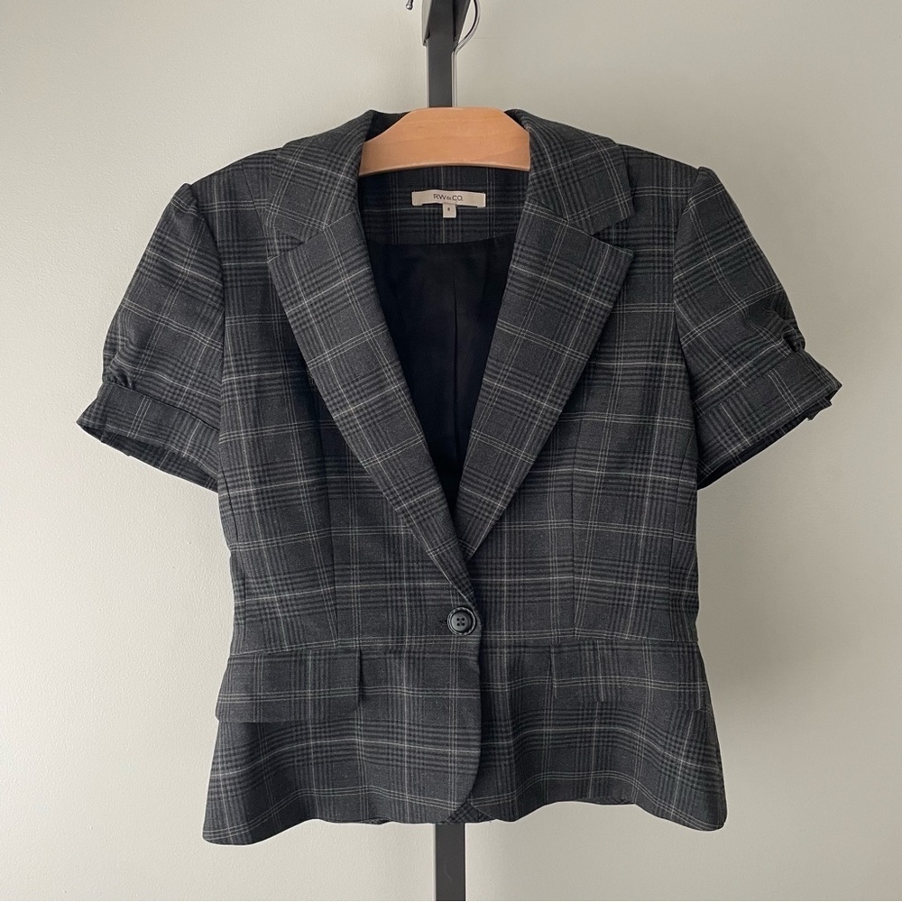 Y2K Vintage Wool Blend Short Sleeve Blazer Grey Plaid Size 8 Medium